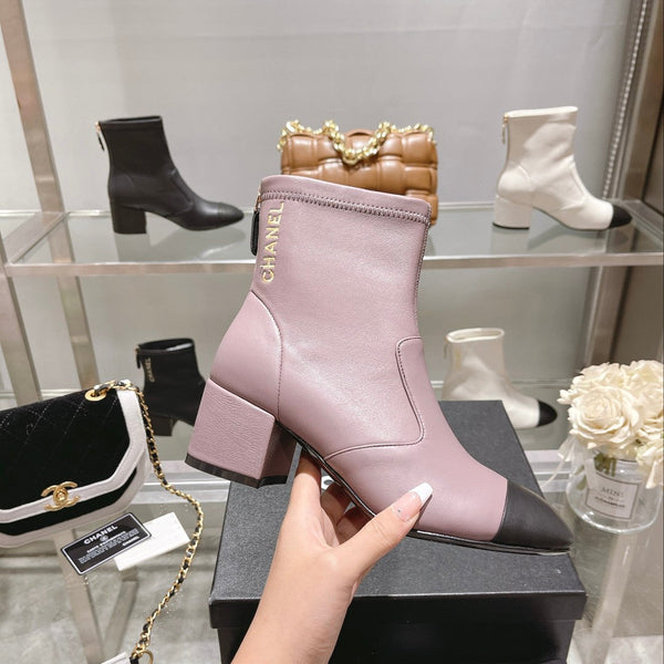 CC 26s Cap-Toe Block-Heel Ankle Boots 5cm Purple Black Leather 966882