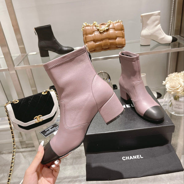 CC 26s Cap-Toe Block-Heel Ankle Boots 5cm Purple Black Leather 966882