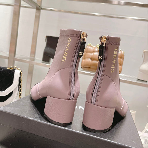 CC 26s Cap-Toe Block-Heel Ankle Boots 5cm Purple Black Leather 966882