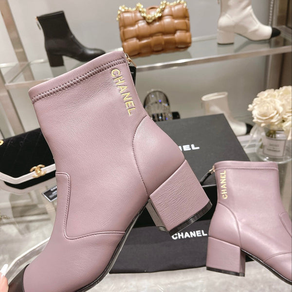 CC 26s Cap-Toe Block-Heel Ankle Boots 5cm Purple Black Leather 966882