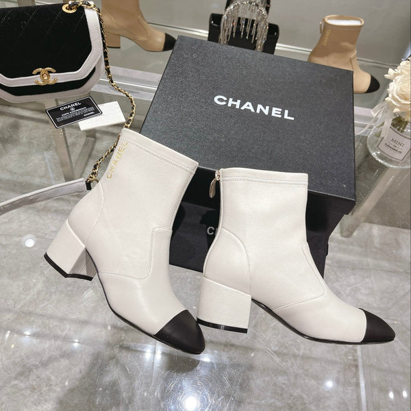 CC 26s Cap-Toe Block-Heel Ankle Boots 5cm White Black Leather 966883
