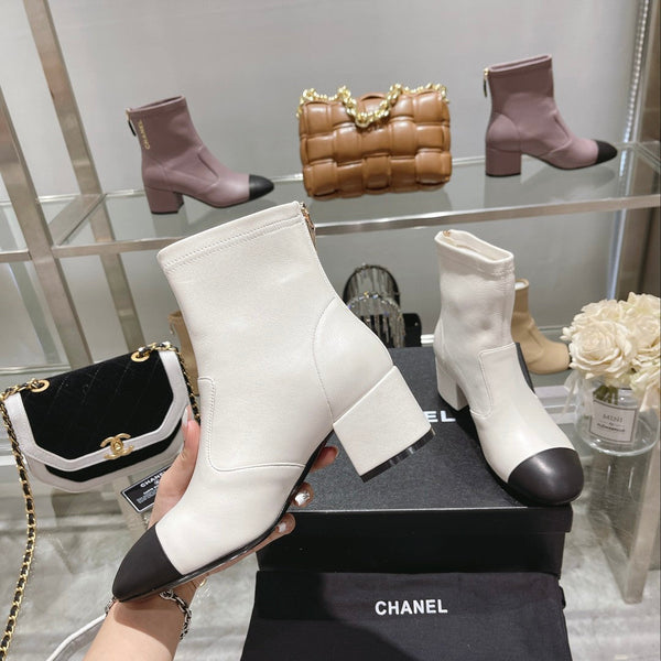 CC 26s Cap-Toe Block-Heel Ankle Boots 5cm White Black Leather 966883