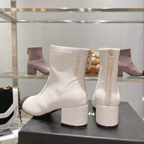 CC 26s Cap-Toe Block-Heel Ankle Boots 5cm White Black Leather 966883