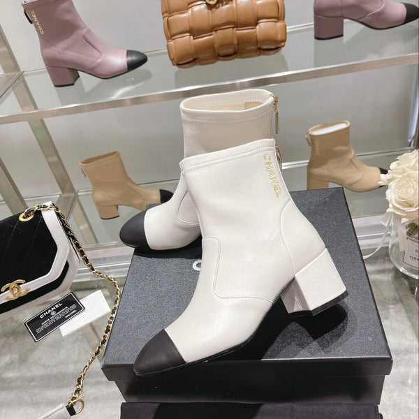 CC 26s Cap-Toe Block-Heel Ankle Boots 5cm White Black Leather 966883