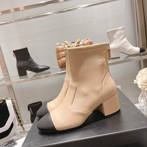 CC 26s Cap-Toe Block-Heel Ankle Boots 5cm Beige Black Leather 966884