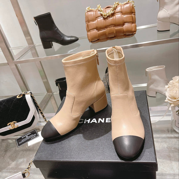 CC 26s Cap-Toe Block-Heel Ankle Boots 5cm Beige Black Leather 966884