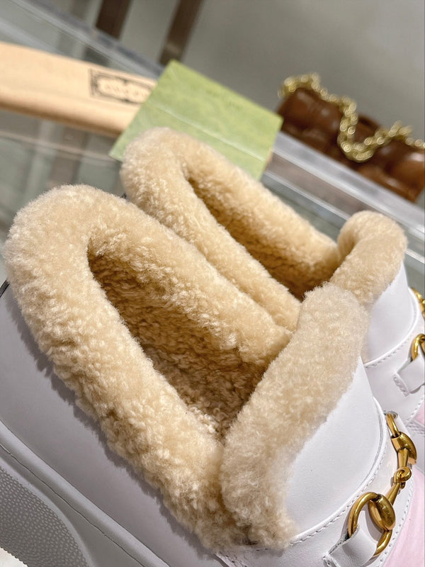 GG Snow Boots White Pink Calfskin Wool 576241