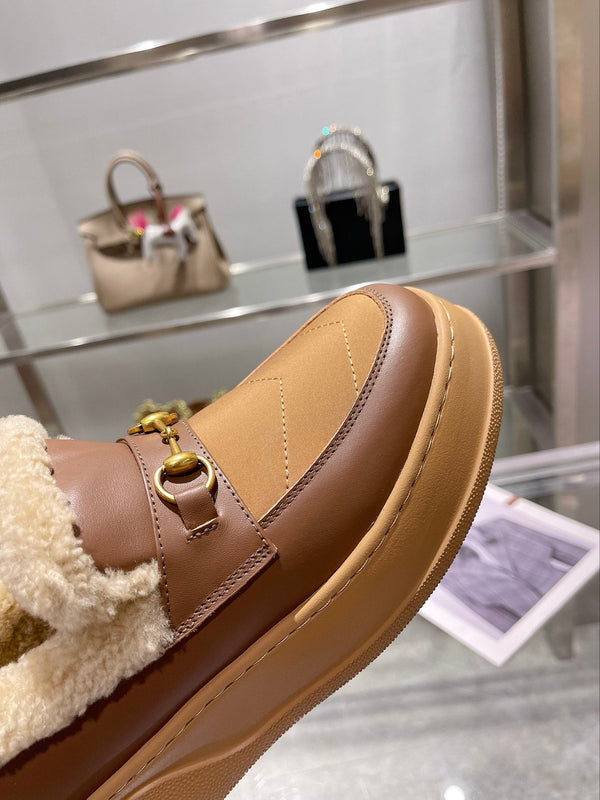 GG Snow Boots Brown Beige Calfskin Wool 576244