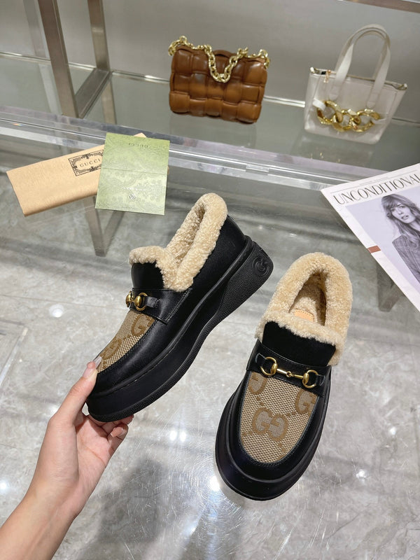 GG Snow Boots Black Calfskin Denim Wool 576248