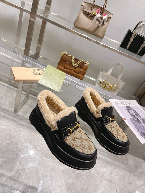 GG Snow Boots Black Beige Calfskin Denim Wool 576250