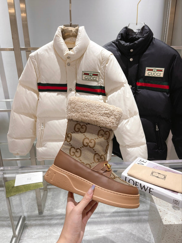 Gucci 2025 Monogram Boot Brown Beige Ebony Wool Canvas Calfskin 564684