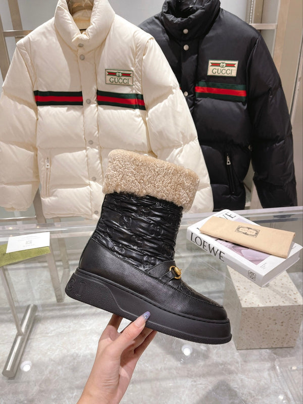 Gucci 2025 Monogram Boot Black Beige Wool Calfskin 564686