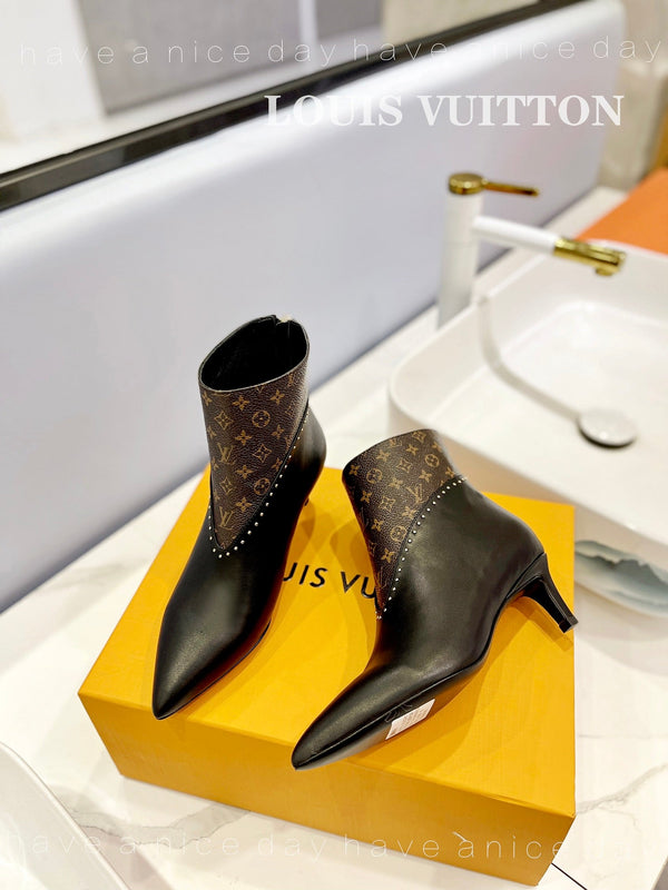 LV Cherie Ankle Boots 4.5cm Black Calfskin Monogram Canvas