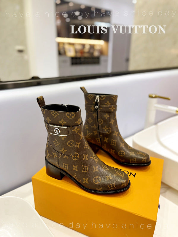 LV Waist Side Ankle Boots Brown Monogram Canvas