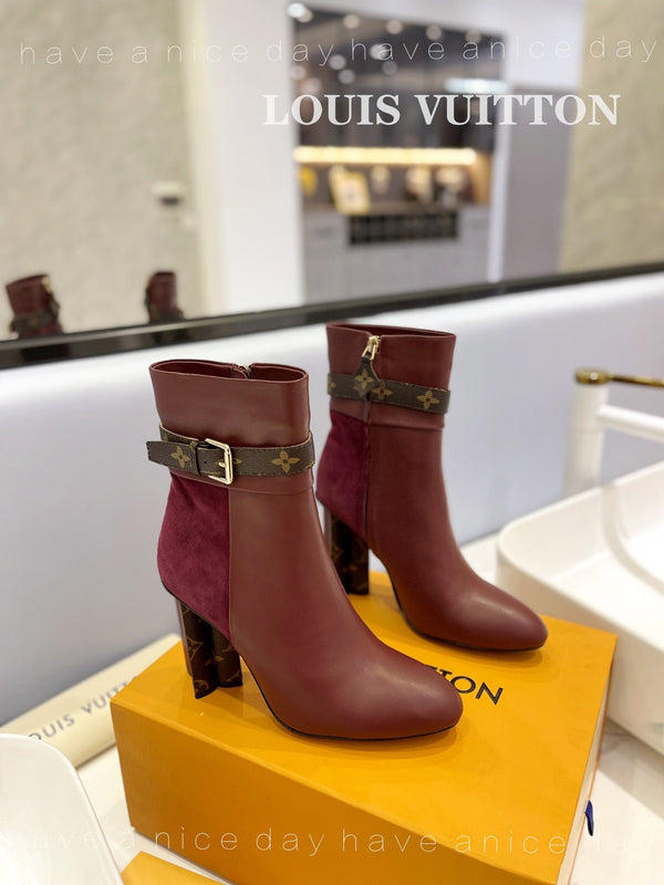 LV 26s Silhouette Ankle Boot 10cm Burgundy Cowhide Suede & Monogram Canvas 574029