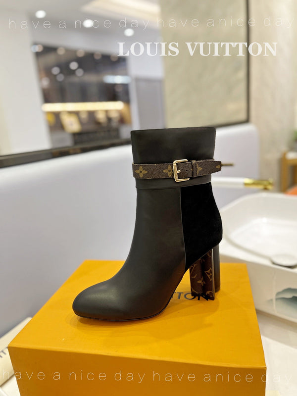 LV 26s Silhouette Ankle Boot 10cm Black Cowhide Suede & Monogram Canvas 574331