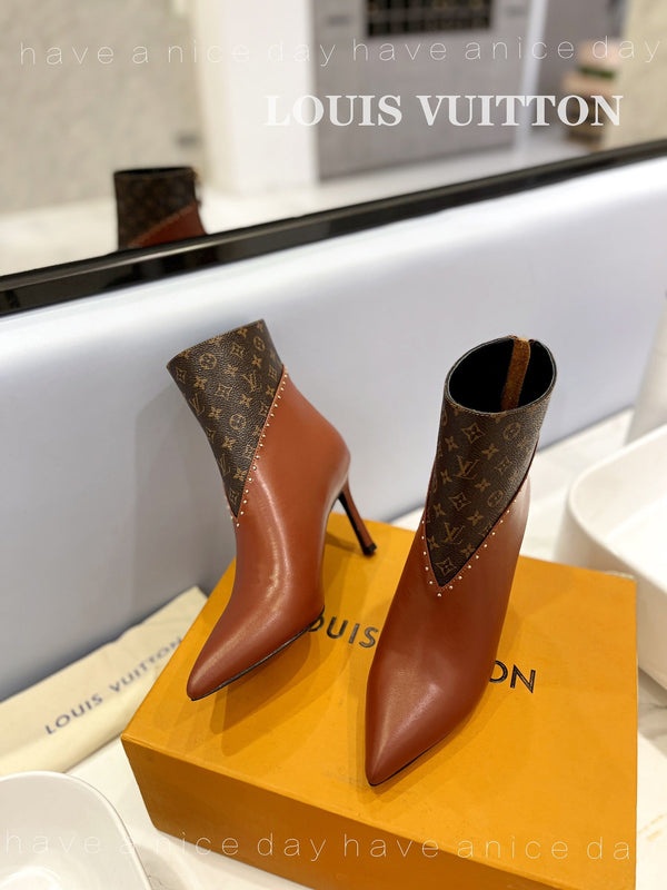 LV Cherie Ankle Boots 9cm Brown Calfskin Monogram Canvas