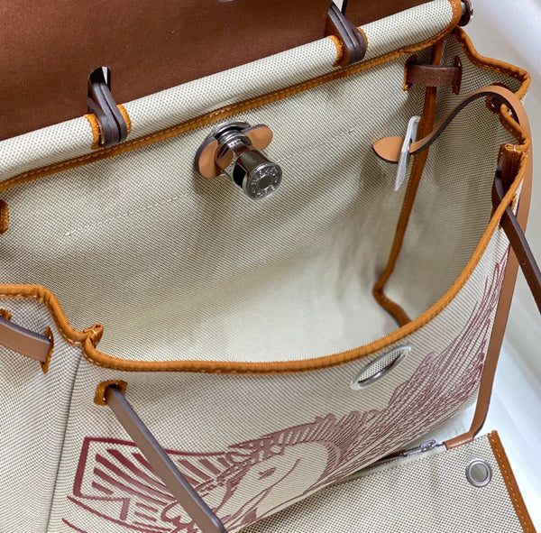 HM Pegase Pop Herbag Zip 31 White Brown Canvas Black Cowhide Leather