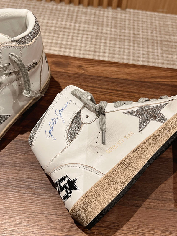 SKY-STAR SNEAKERS IN WHITE NAPPA LAMBSKIN WITH SILVER GLITTER STAR AND HEEL TAB