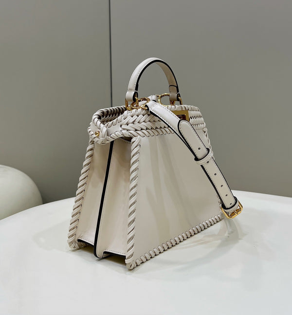PEEKABOO ISEEU 27 IN WHITE SMOOTH CALFSKIN WITH WOVEN TRIM GOLD HARDWARE
