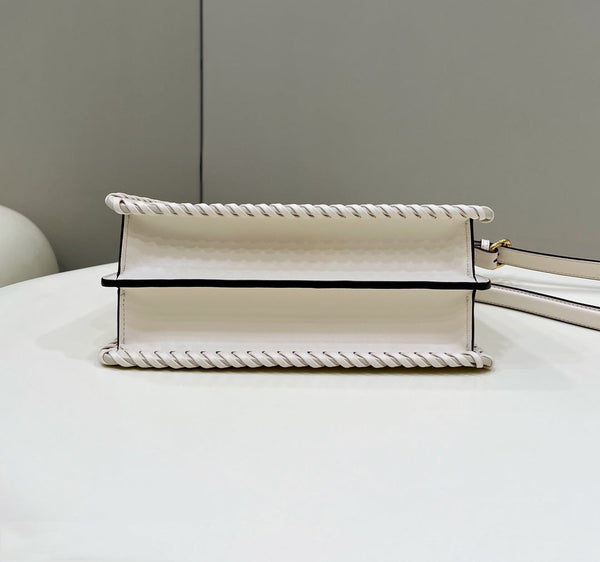 PEEKABOO ISEEU 27 IN WHITE SMOOTH CALFSKIN WITH WOVEN TRIM GOLD HARDWARE