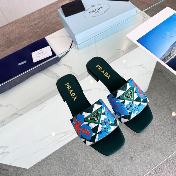 Prad 26s Floral Print Slides Teal Green Blue Leather Cotton 986594