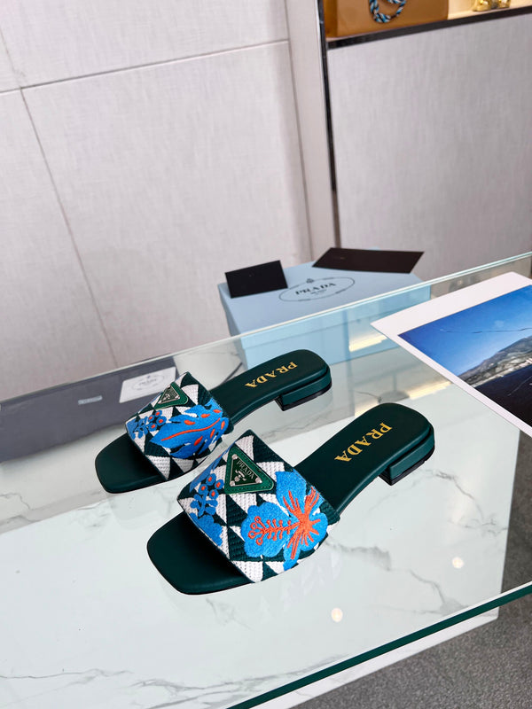 Prad 26s Floral Print Slides Teal Green Blue Leather Cotton 986594