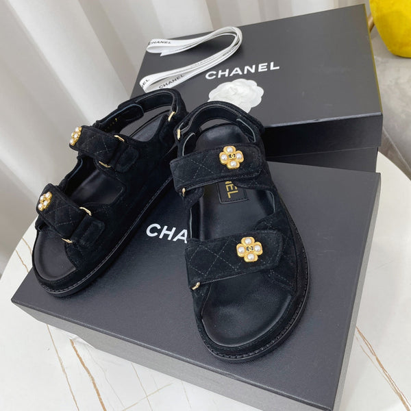 CC 26s Sandals Black Suede Pearl Camellia Embellishment