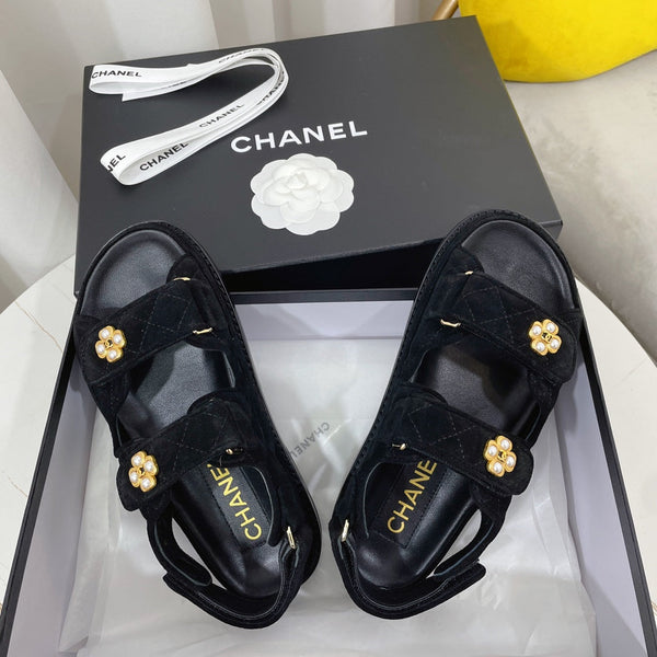 CC 26s Sandals Black Suede Pearl Camellia Embellishment