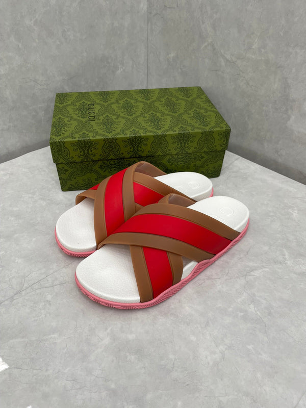 GG Striped Rubber Slides White Red Rubber 788222
