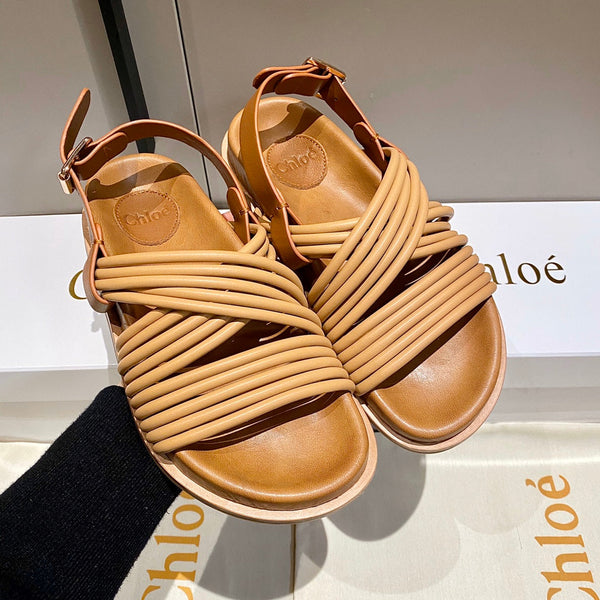 CHLOÉ CROSS STRAP SANDAL IN BRONZE BROWN RUBBER WITH GOLD HARDWARE
