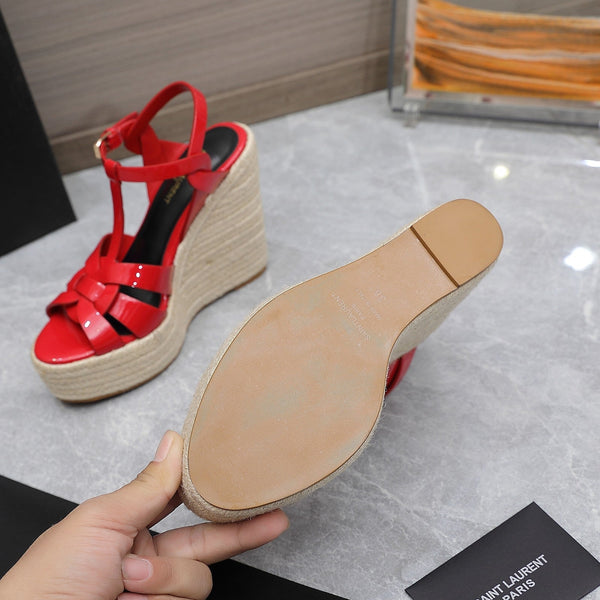 SL TRIBUTE WEDGE SANDALS CRIMSON POLISHED CALFSKIN