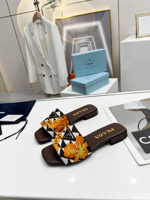 Prad 26s Floral Print Slides Brown Leather Cotton 986596