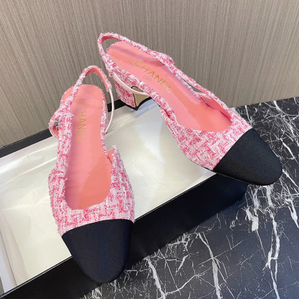 CC Slingbacks Light Pink Mix White Tweed Black Grosgrain 399331