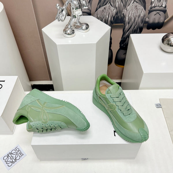 FLOW RUNNER SNEAKER IN BASIL GREEN SUEDE AND SHEEPSKIN