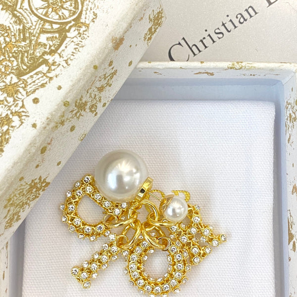 CD 26S Crystal CD Charm Pearl Drop Earrings In Gold Metal 633101