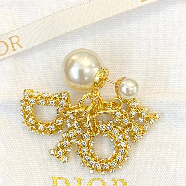 CD 26S Crystal CD Charm Pearl Drop Earrings In Gold Metal 633101