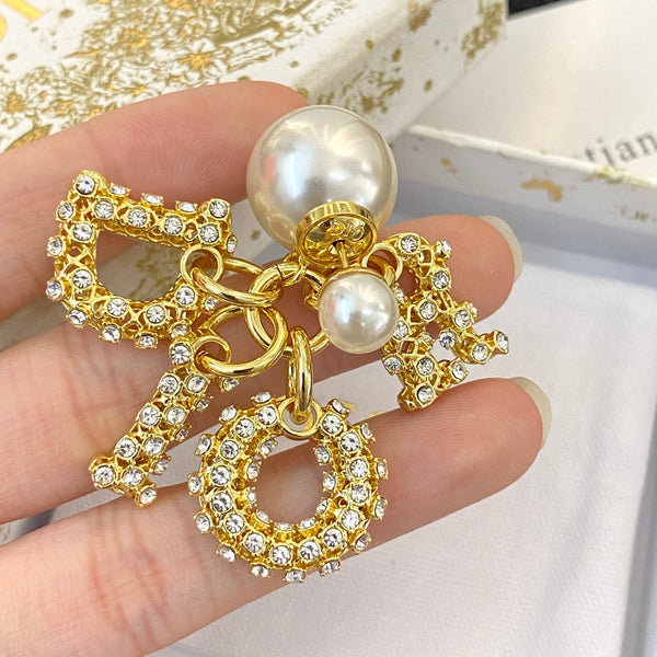 CD 26S Crystal CD Charm Pearl Drop Earrings In Gold Metal 633101