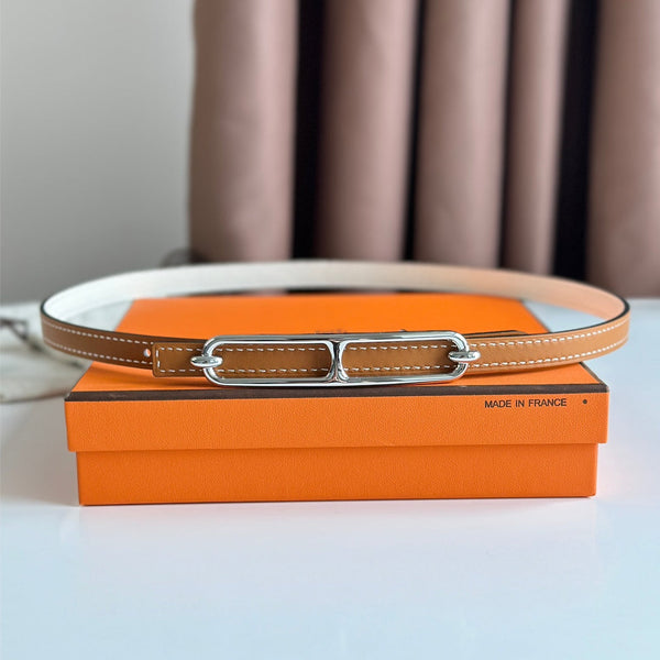 HM ROULIS BUCKLE & REVERSIBLE CINNAMON BROWN AND WHITE LEATHER STRAP 13MM SILVER HARDWARE