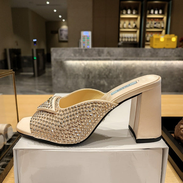 Prada 26S Open-Toe Crystal-Embellished Mules 100mm in Beige Satin
