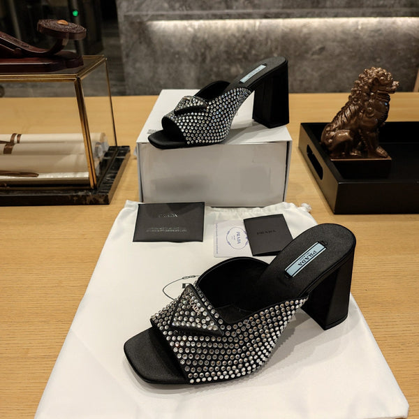 Prada 26S Open-Toe Crystal-Embellished Mules 100mm in Black Satin