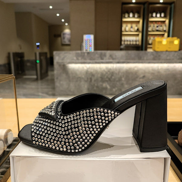 Prada 26S Open-Toe Crystal-Embellished Mules 100mm in Black Satin