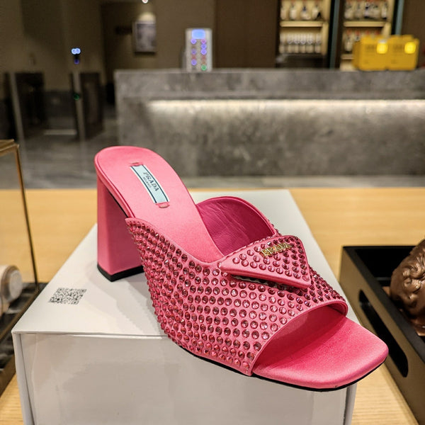 Prada 26S Open-Toe Crystal-Embellished Mules 100mm in Fuchsia Pink Satin