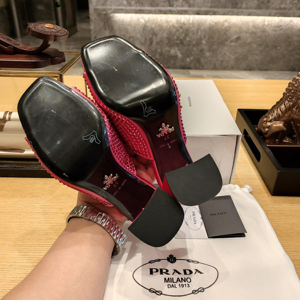 Prada 26S Open-Toe Crystal-Embellished Mules 100mm in Fuchsia Pink Satin