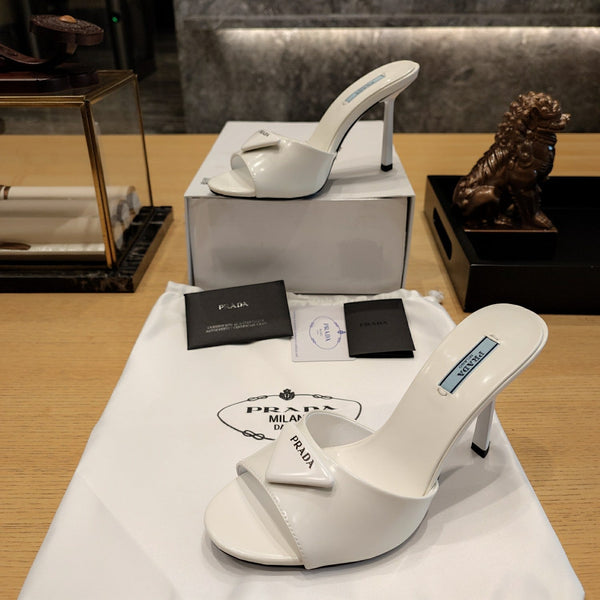 Prad 26s Open Toe Mules 100mm In Ivory White Patent Calfskin With Logo