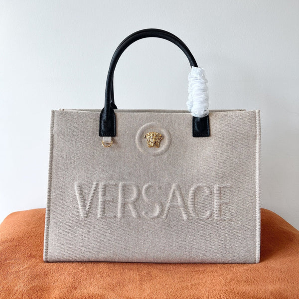Versace Beige Denim Canvas Tote Bag 40 With Black Cowhide Handle 175561