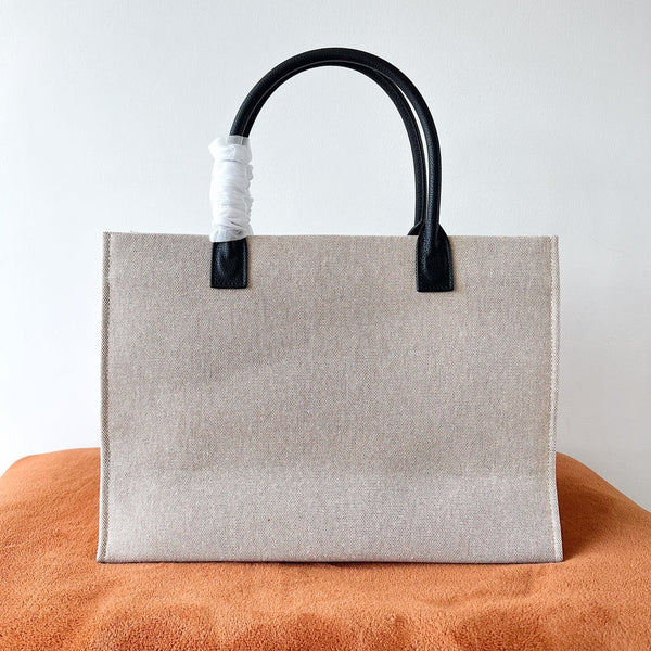 Versace Beige Denim Canvas Tote Bag 40 With Black Cowhide Handle 175561