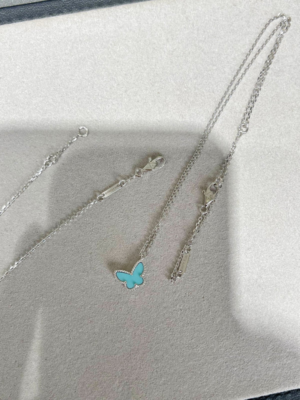 VCA Mini Butterfly Blue Ceramic Necklace Sliver