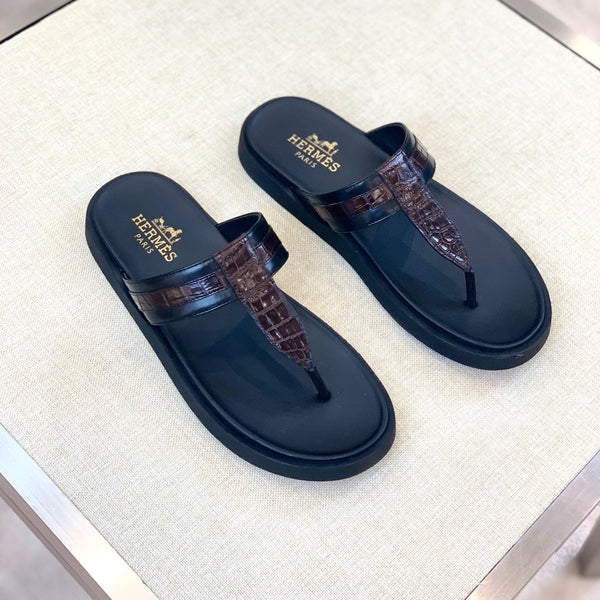HM Men's Thong Sandals Brown Black Rubber Sheepskin 561666