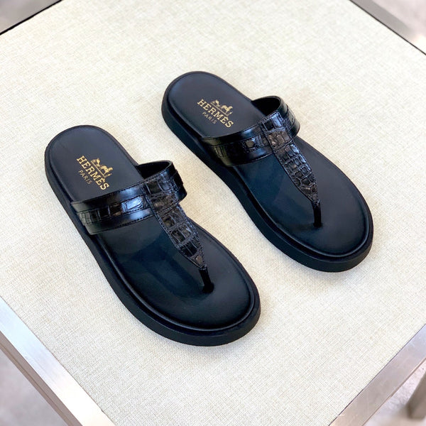 HM Men's Thong Sandals Black Rubber Sheepskin 561667